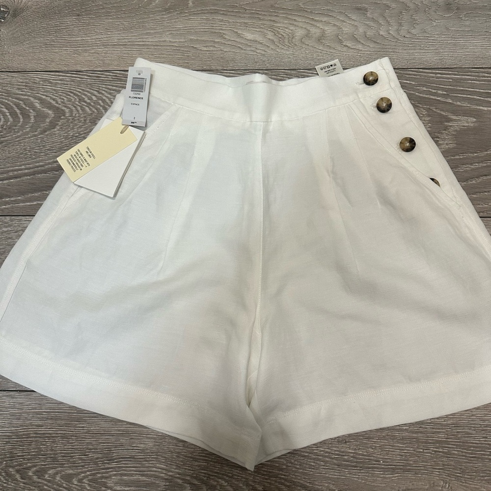 Babaton High Waist White Shorts with Button Details linen